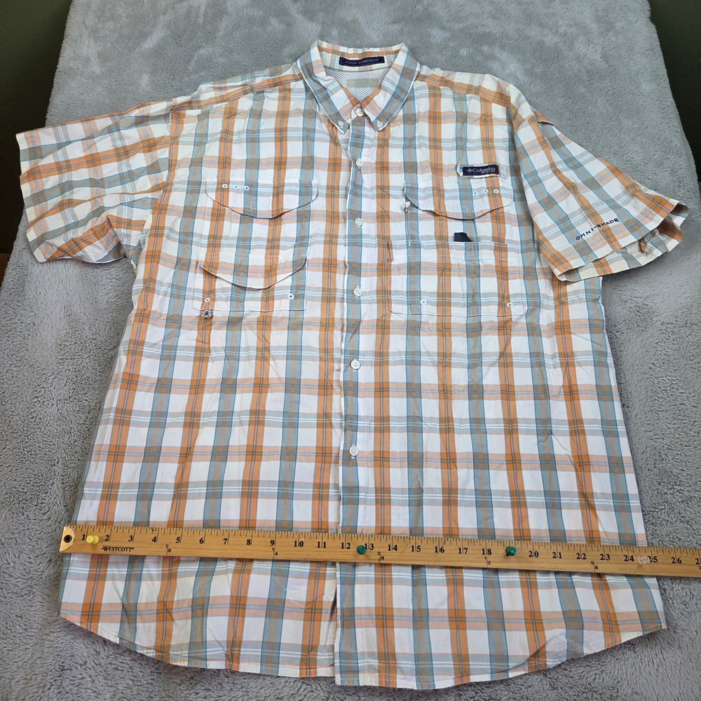 Columbia Super Bonehead PFG Shirt Mens XXL Short Sleeve Plaid Fishing Orange Blu